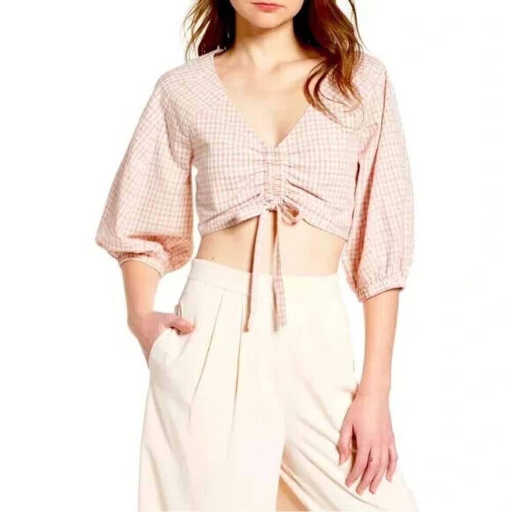 Chriselle x J.O.A Ruched Front Balloon Sleeves Patina Gingham Crop Top Size S